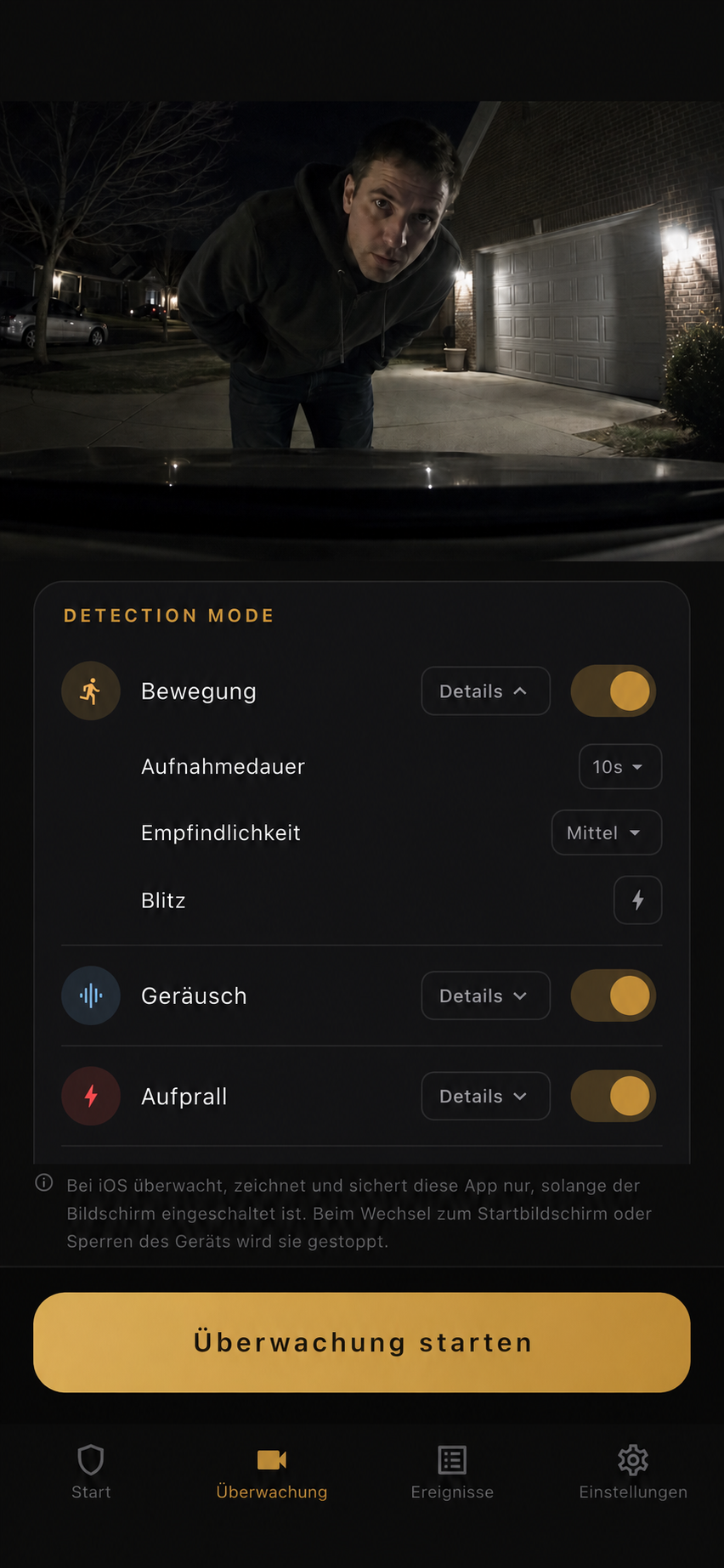 Parking Guard Detailansicht der Überwachung mit Erkennungseinstellungen und Kamerablick auf ein geparktes Auto