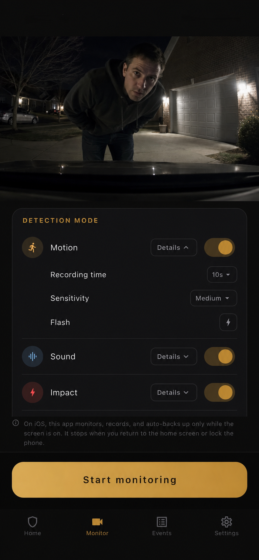 Parking Guard monitoring details screen with detection settings and a parked-car camera view