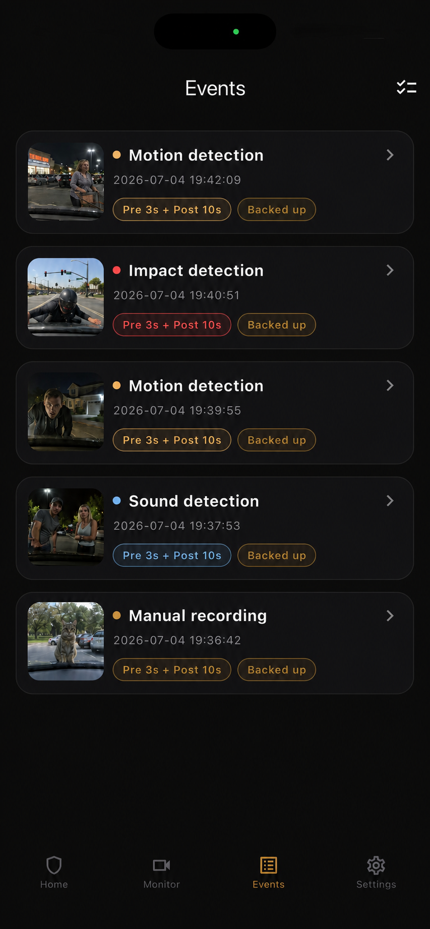 Parking Guard event list screen