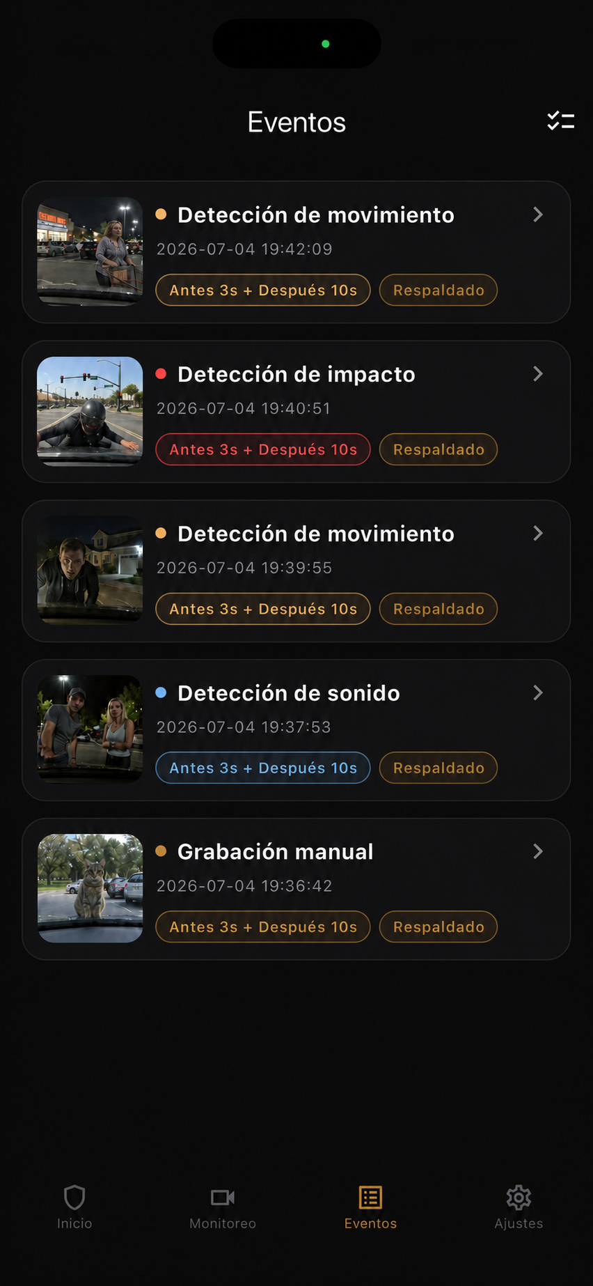 Lista de eventos de Parking Guard