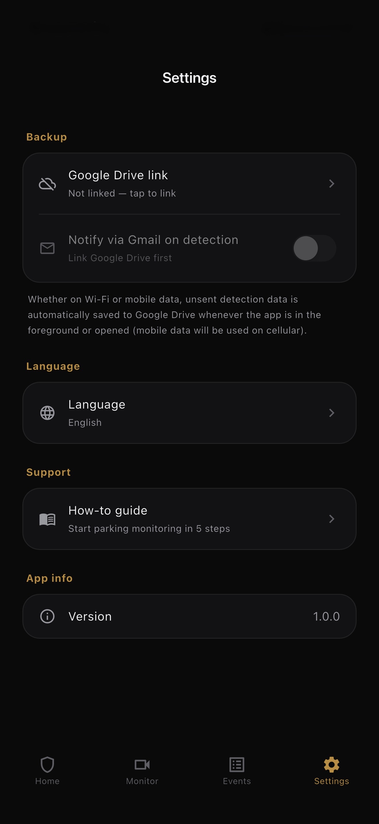 Parking Guard settings screen
