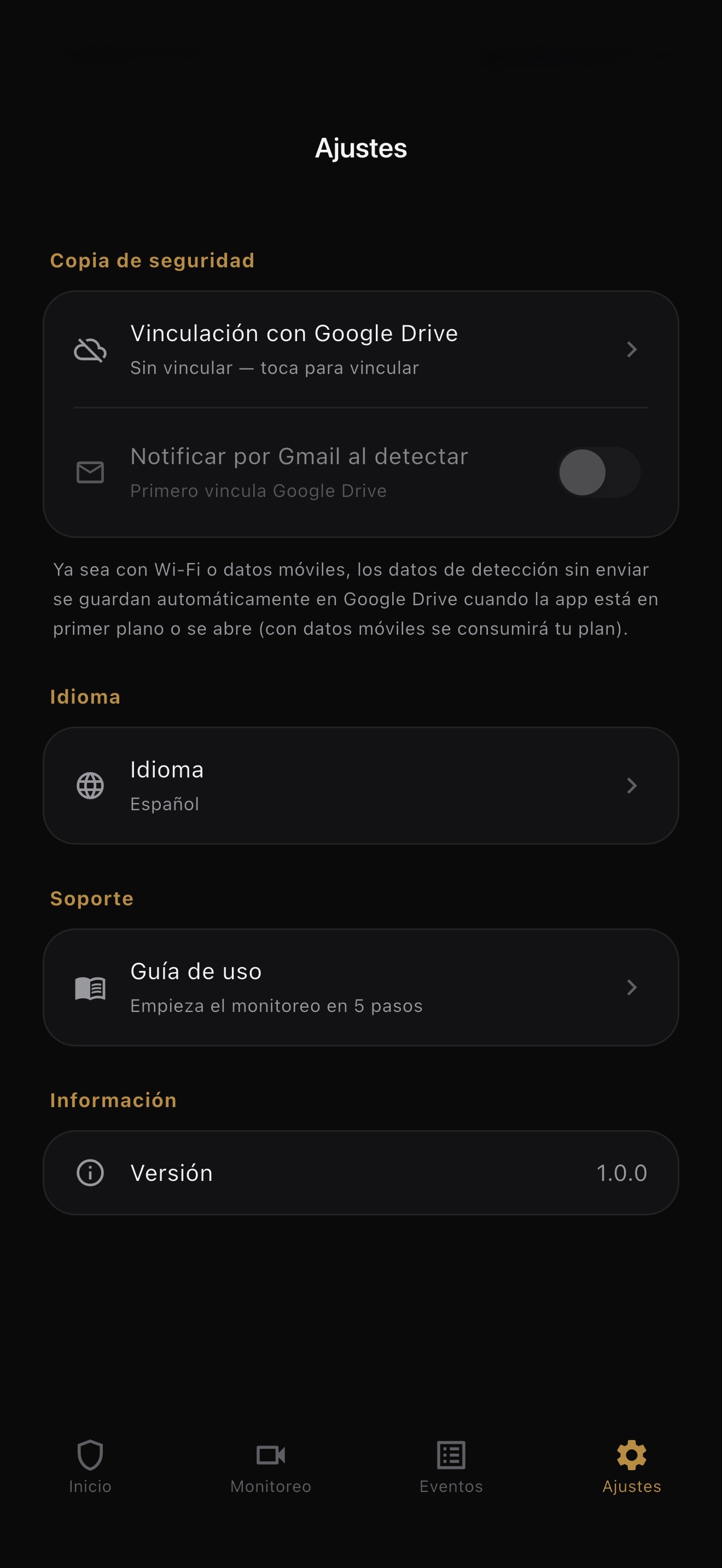 Pantalla de ajustes de Parking Guard