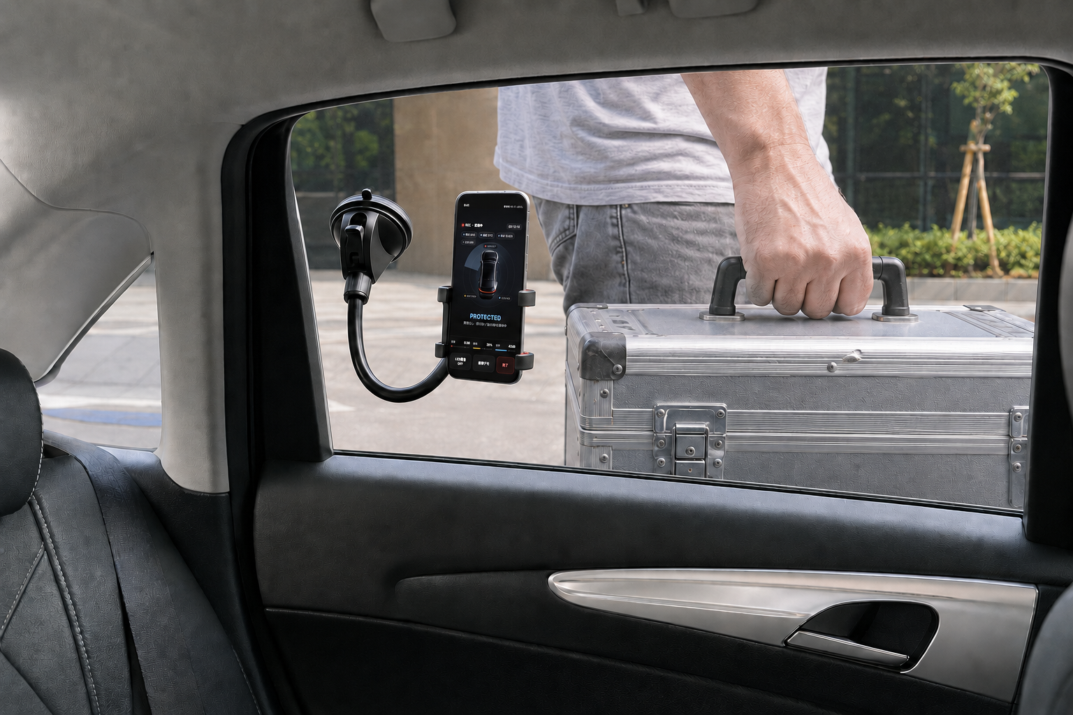 A phone running Parking Guard mounted inside a parked car near a person outside the window