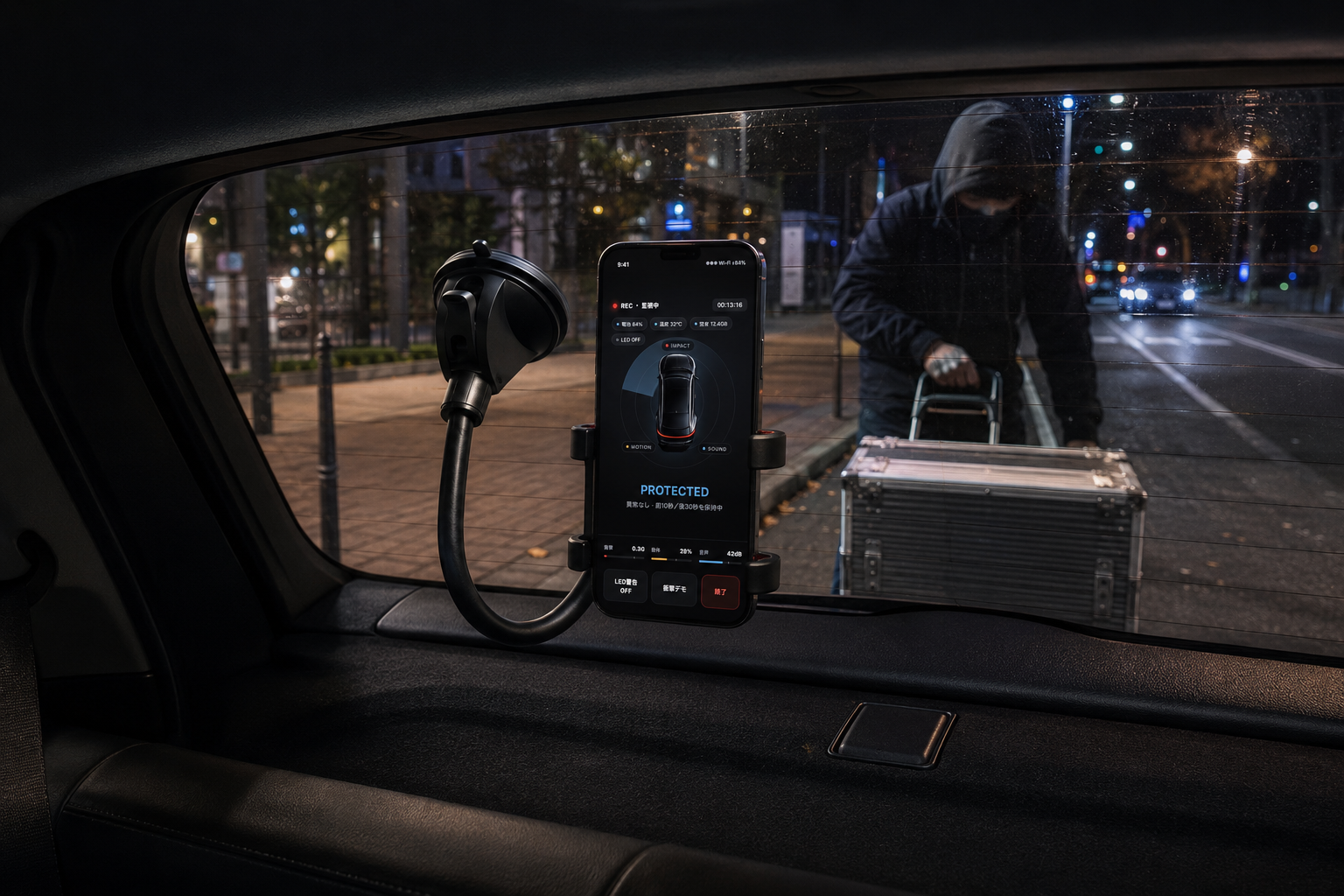 A phone running Parking Guard watching a dark street through a car window